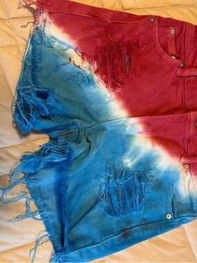 Kids Red & Blue Tie-Dye Distressed Denim Shorts